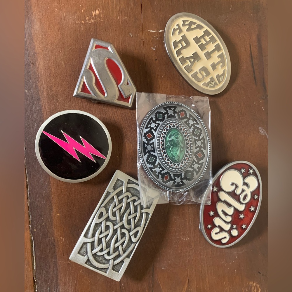 6 Vintage Belt Buckles - Superman, Elvis, Celtic Knot, Southwest Pewter Enamel